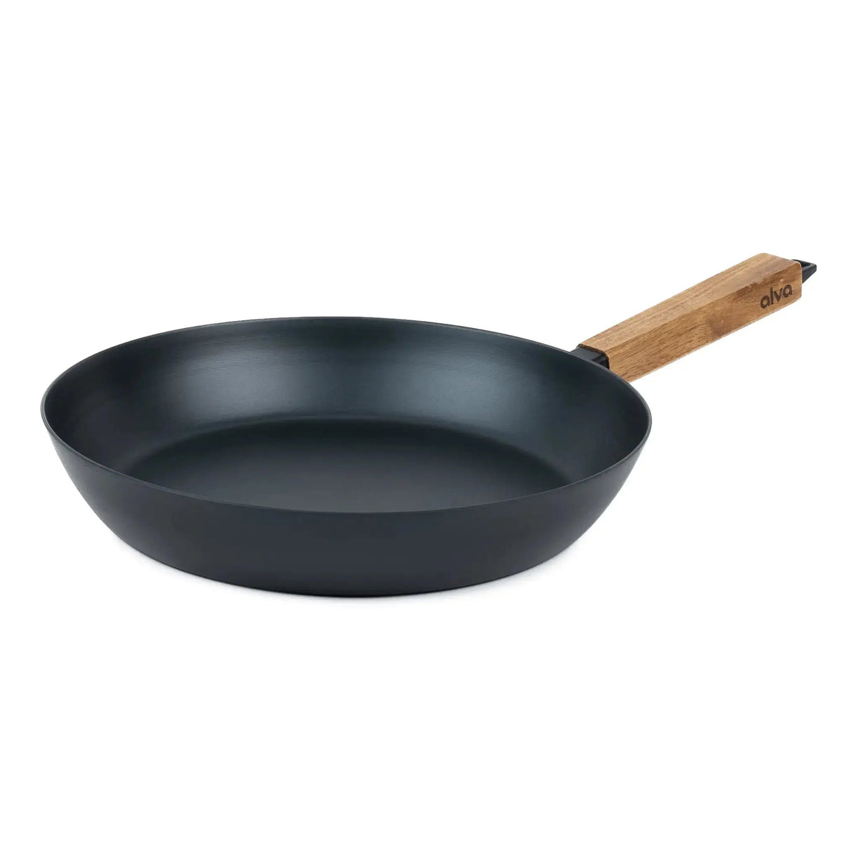 Alva pre-seasoned carbon steel frying pan with wooden handle on white background