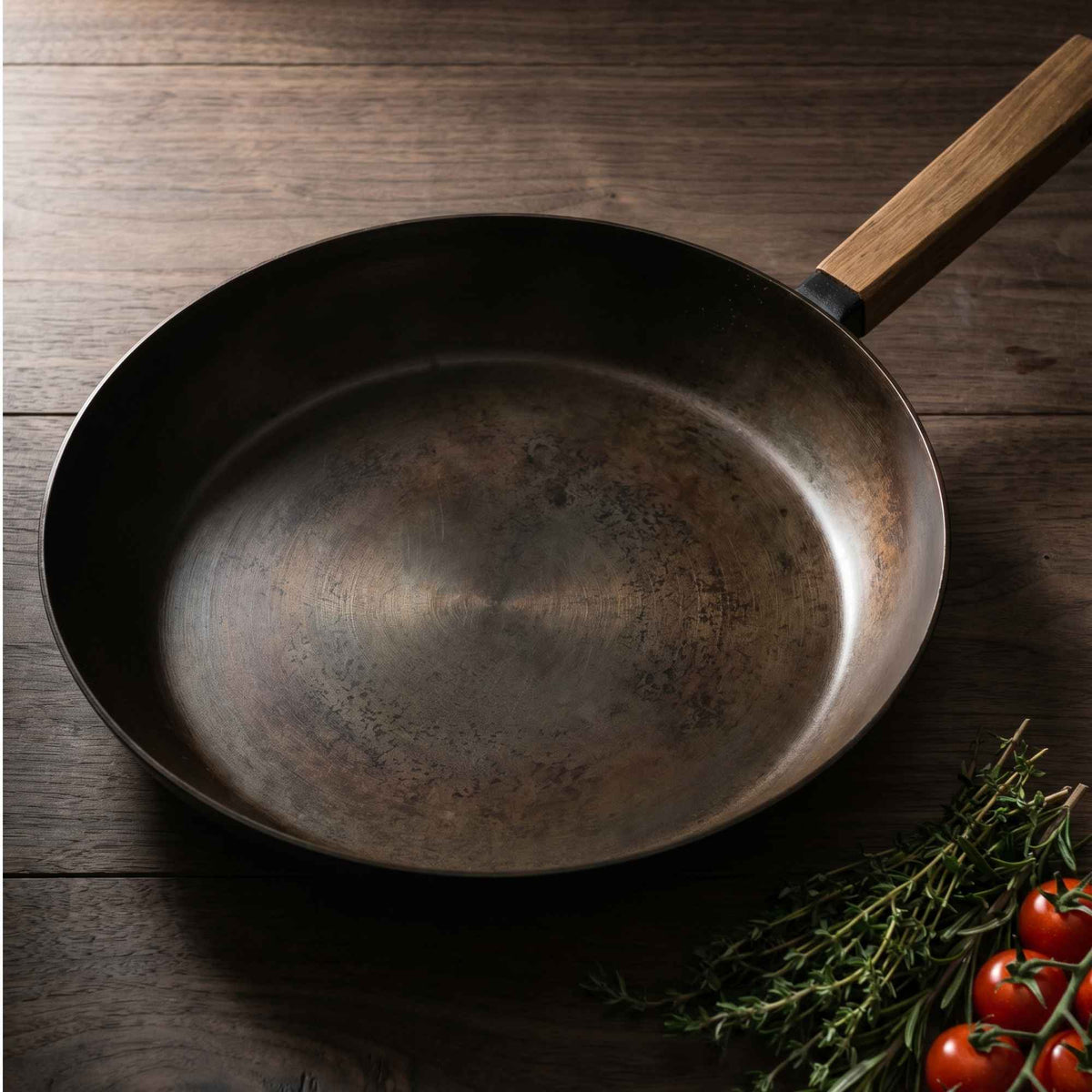 Overhead view of an Alva carbon steel frying pan showing its naturally seasoned cooking surface