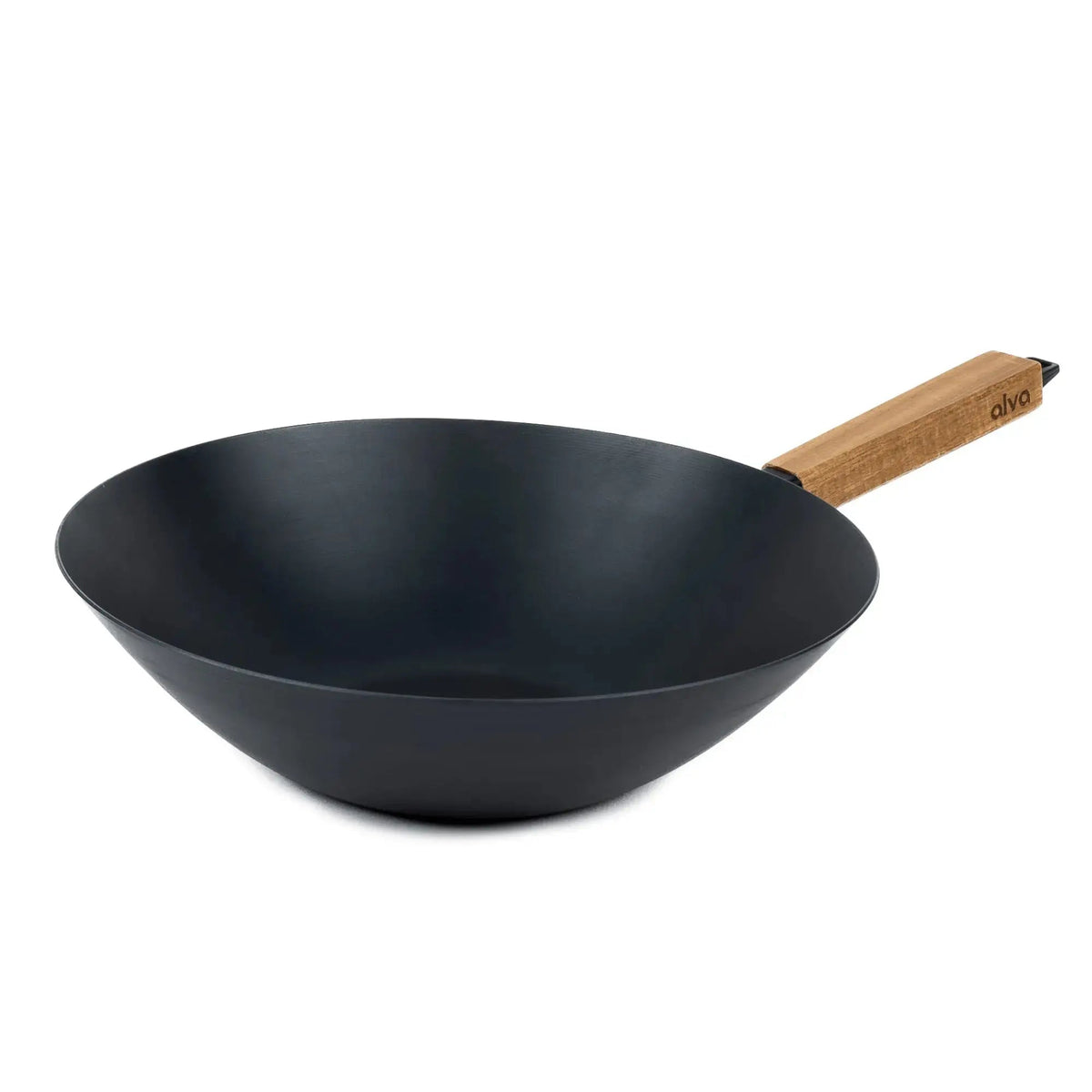 Alva 12-inch pre-seasoned carbon steel wok with flat bottom and wooden handle