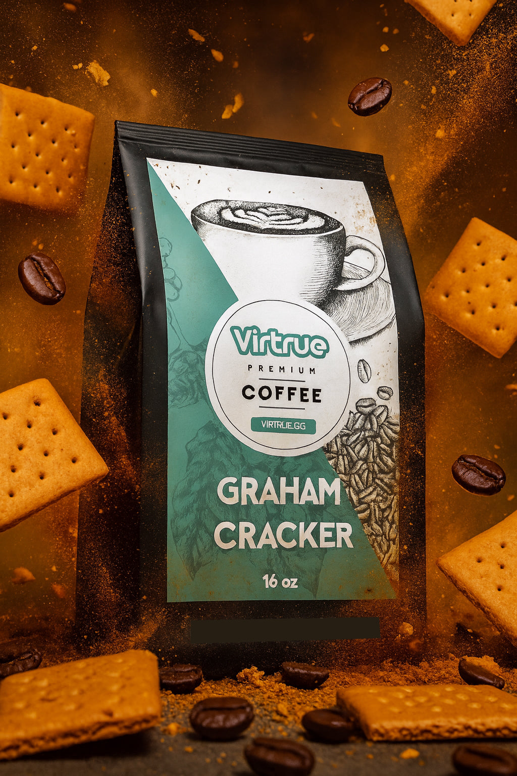 Virture Graham Cracker Coffee packaging with crackers and coffee beans in the background