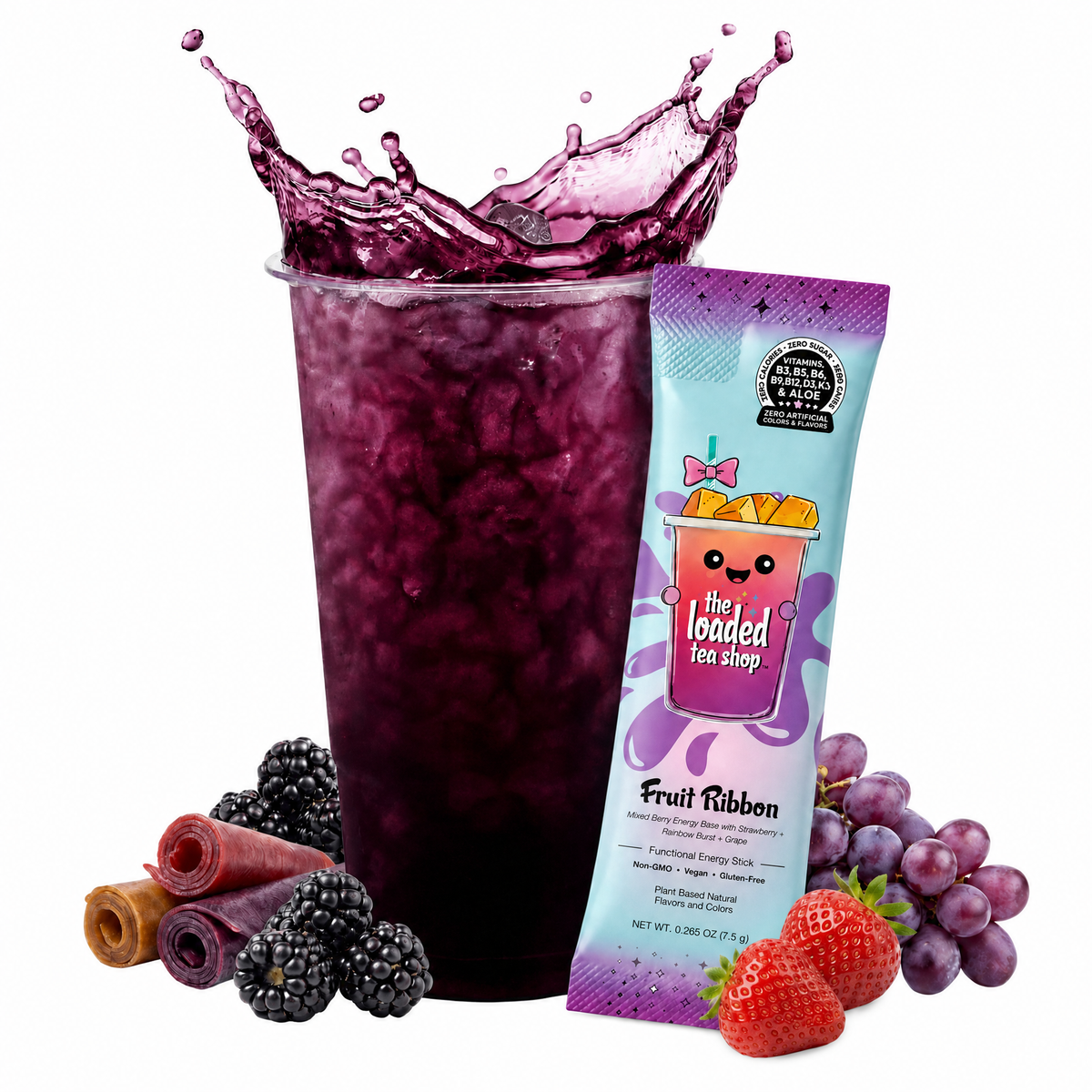 Loaded Tea Shop Fruit Ribbon energy drink mix packet with purple iced tea, grapes, strawberries and blackberries