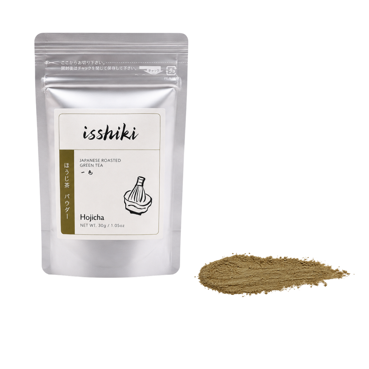Isshiki Hojicha roasted Japanese green tea powder in silver resealable pouch with ground tea powder