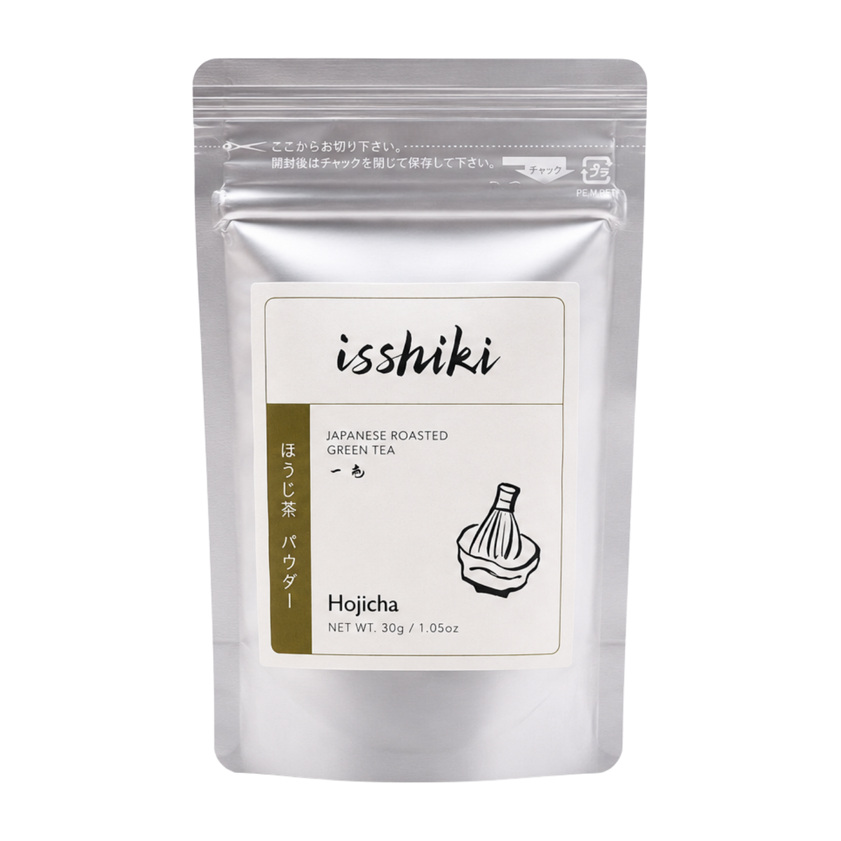 Isshiki Hojicha Japanese roasted green tea powder in resealable silver packaging