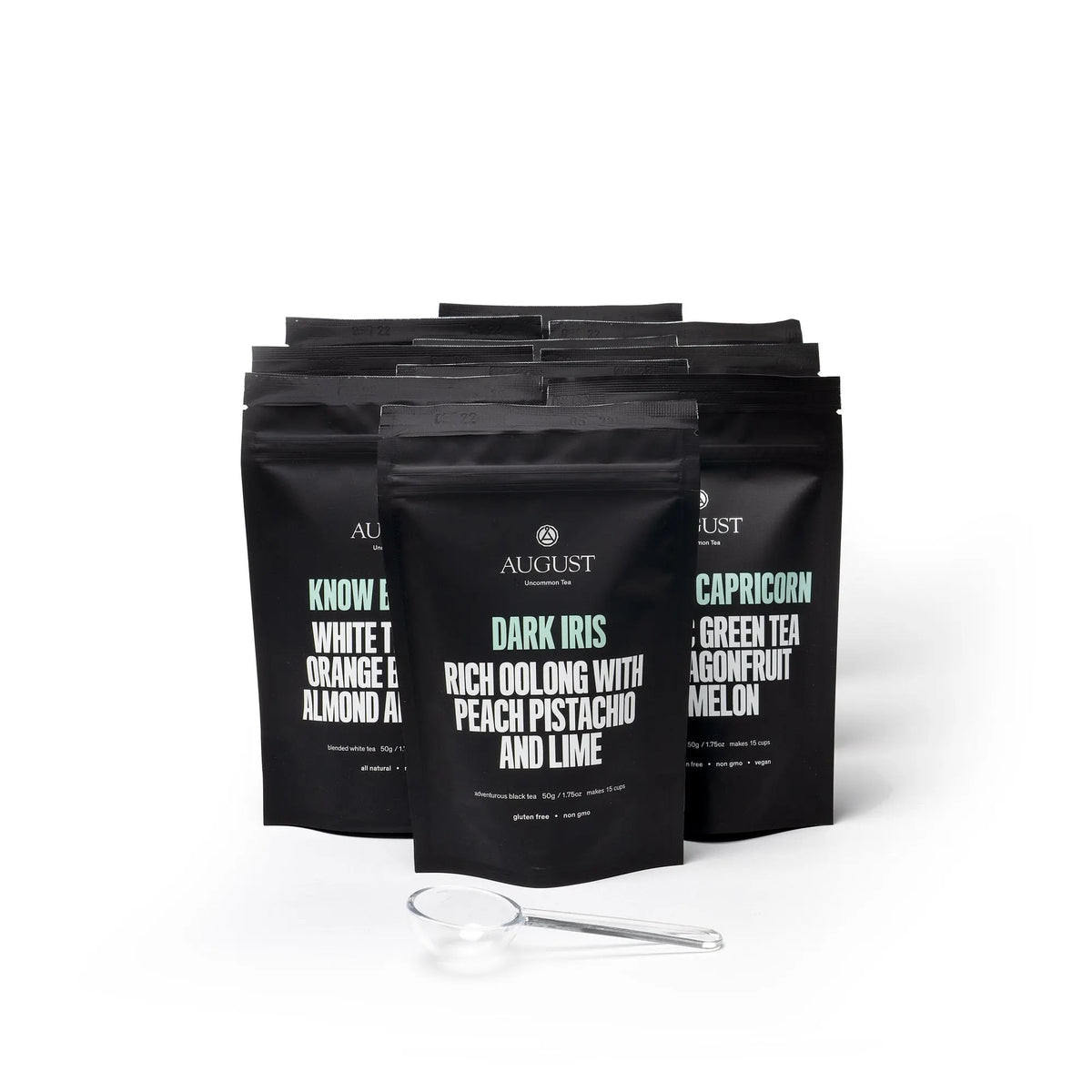 August Top 10 Iced Tea Sampler featuring assorted specialty loose leaf tea pouches