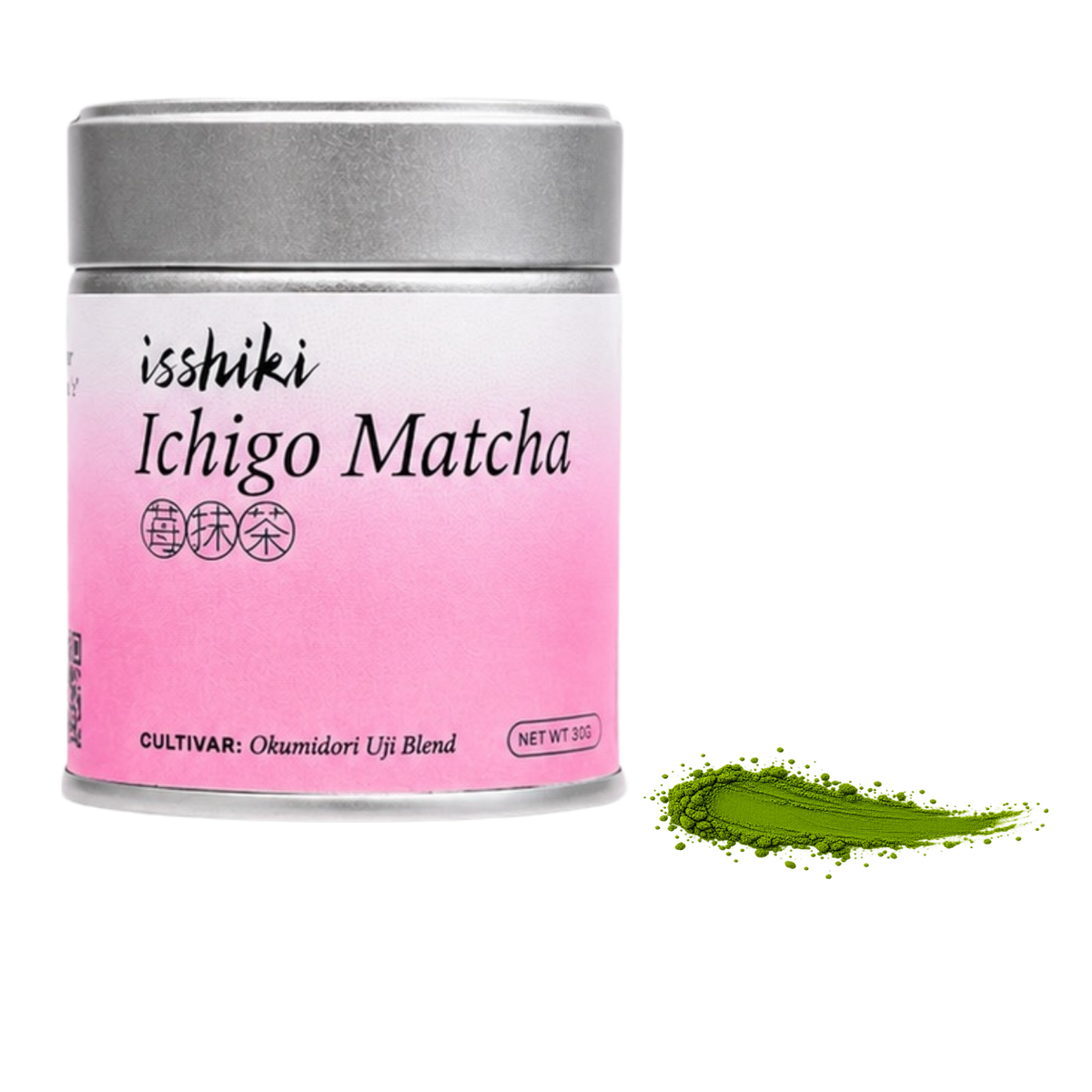 Front view of Isshiki Ichigo Matcha 30g pink tin with Japanese green tea powder