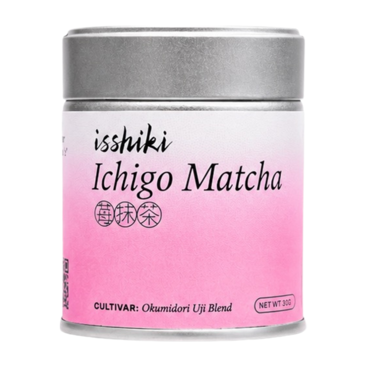 Isshiki Ichigo Matcha pink and silver tin showing front product packaging
