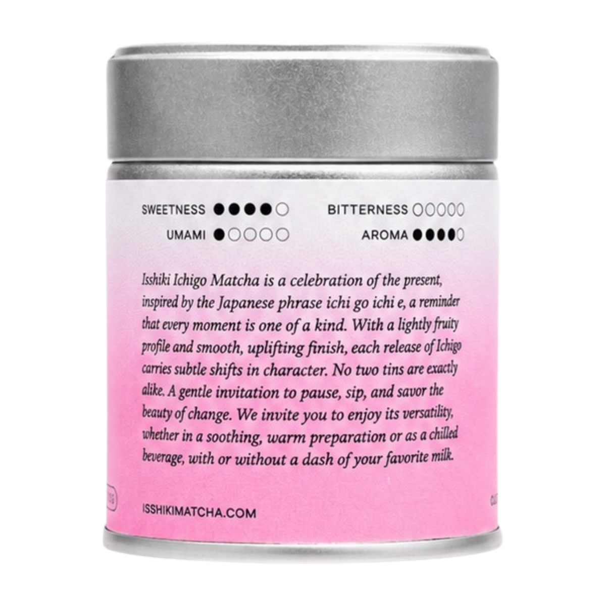 Back of Isshiki Ichigo Matcha tin showing product information and Japanese matcha details