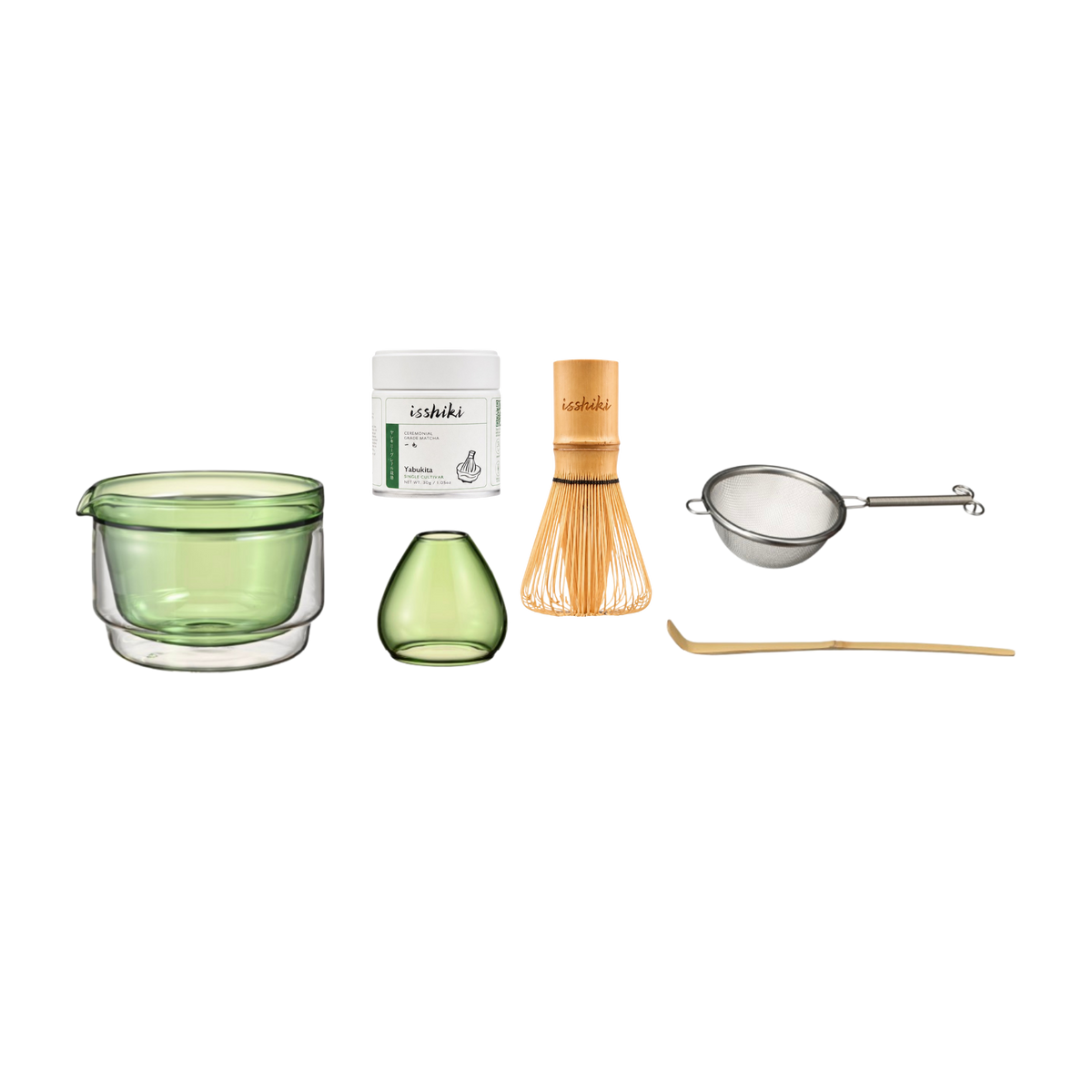 Isshiki x Hario Yabukita matcha starter set with glass bowl, matcha tin, bamboo whisk and tea accessories