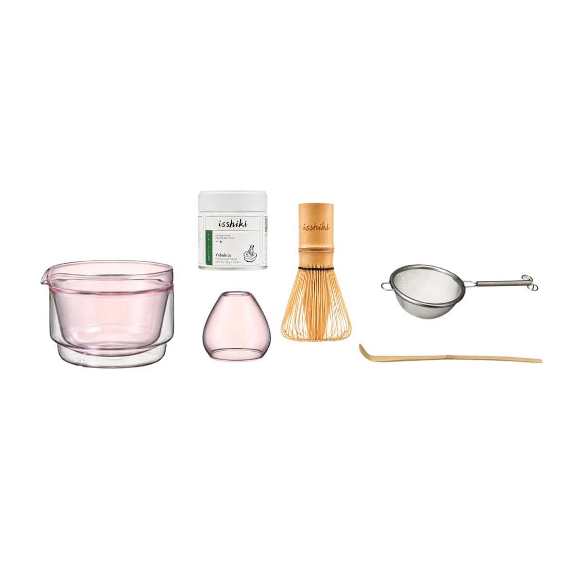Complete Isshiki Hario matcha preparation kit with Yabukita tea, glass bowl, whisk, sifter and spoon