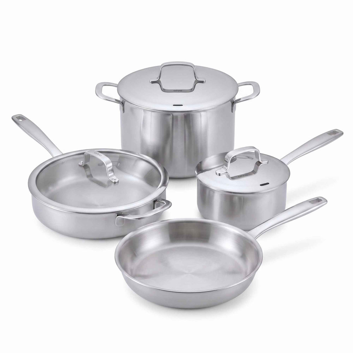 Alva 7-Piece 5-Ply Stainless Steel Cookware Set with frying pan, saucepan, sauté pan, stockpot and lids