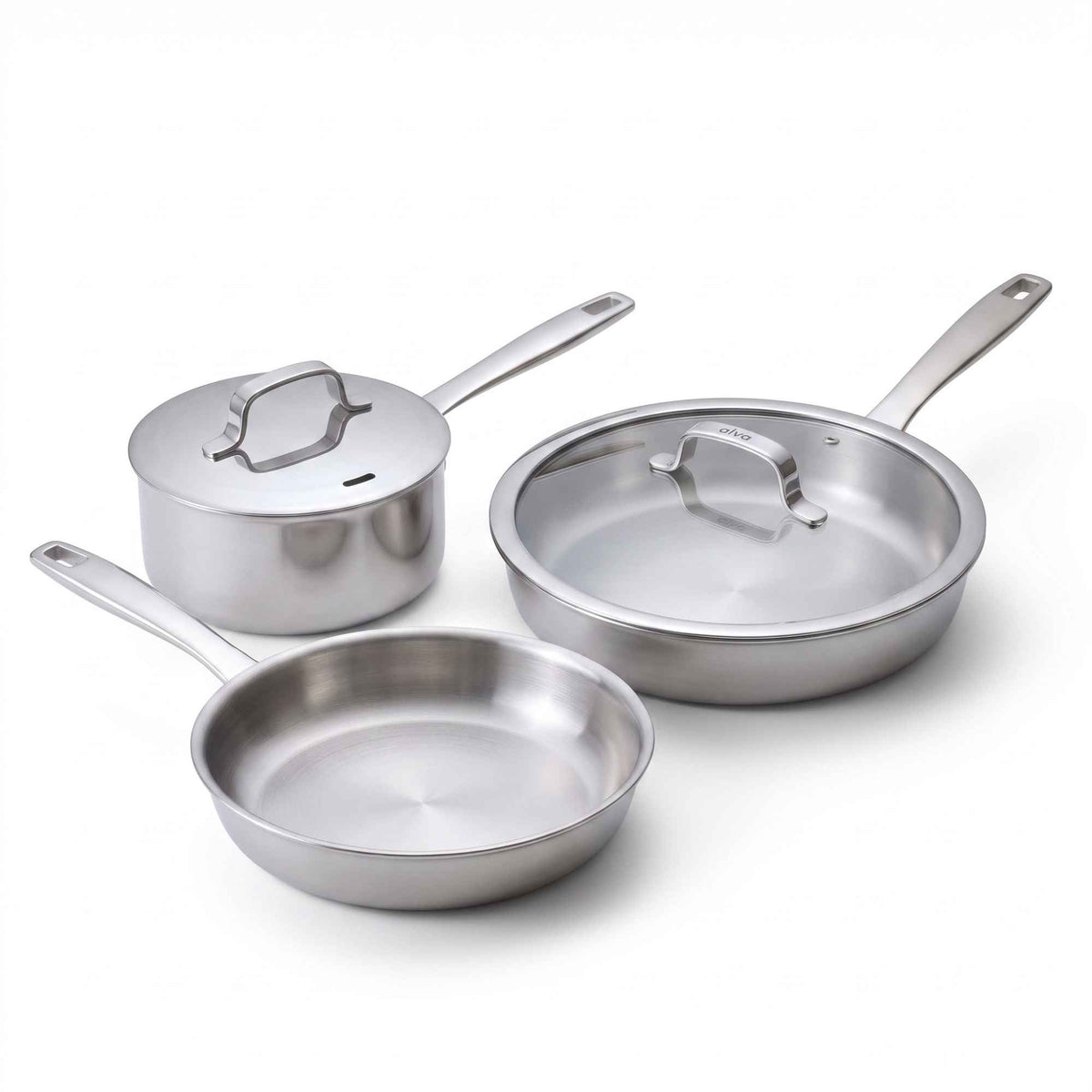 Alva 5-Ply Stainless Steel Cookware Set, 5-Piece, with two frying pans, saucepan and lids