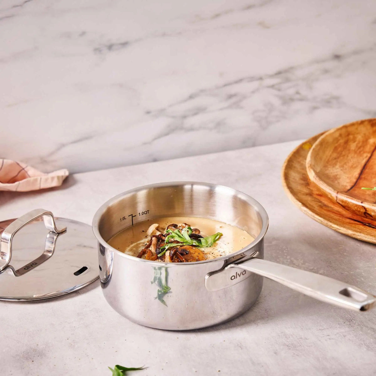 Alva stainless steel saucepan filled with a homemade dish on a kitchen countertop