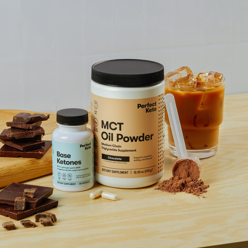 Chocolate MCT Oil Powder with Iced Coffee and base ketones