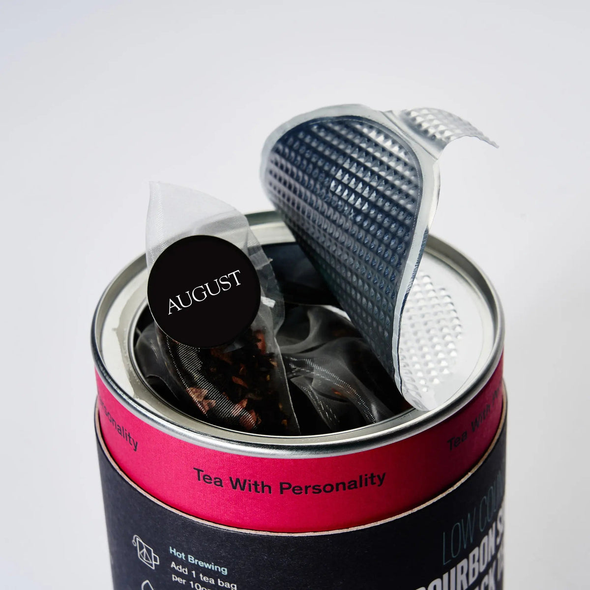 Open August Low Country tea canister displaying black tea bags inside