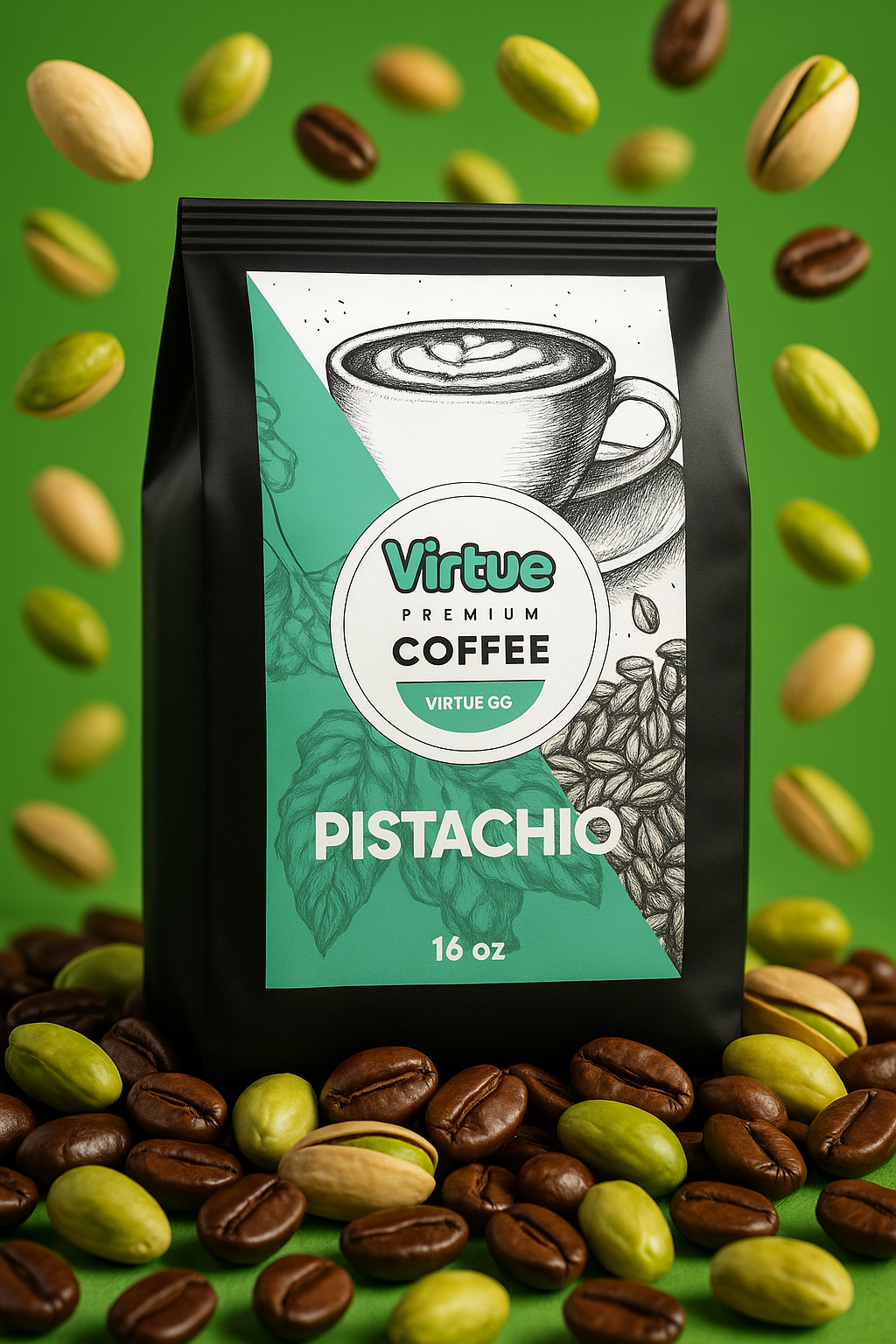 Virtue Pistachio coffee bag with pistachios and coffee beans on a green background