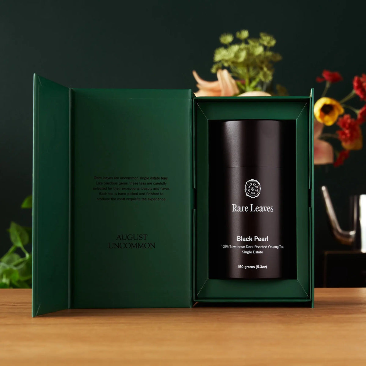 August Rare Leaves Black Pearl luxury tea caddy displayed inside open green magnetic gift box