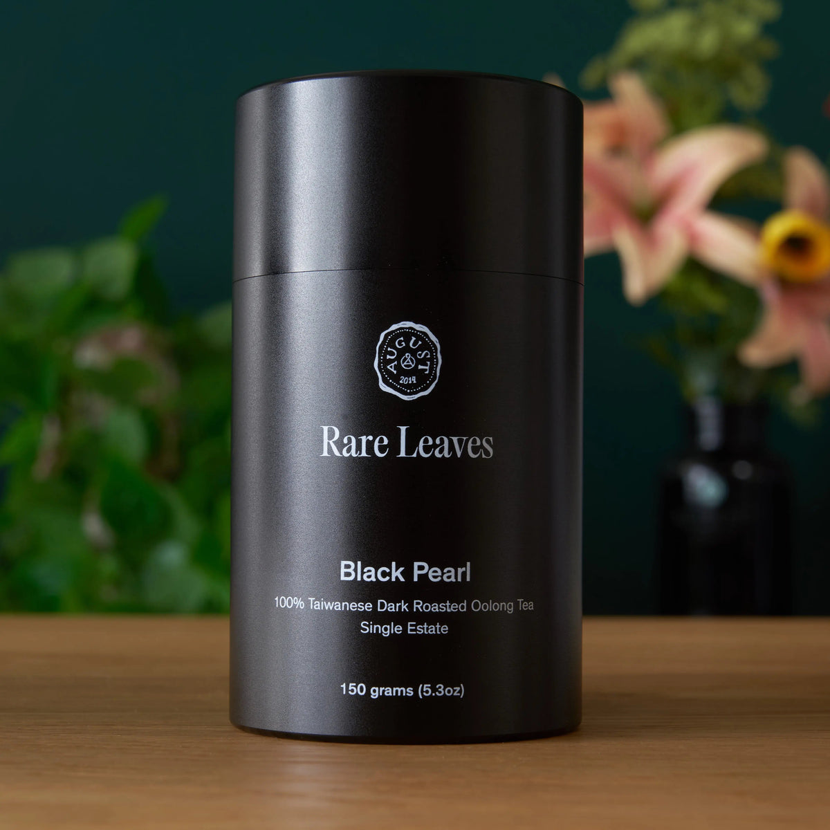 August Rare Leaves Black Pearl Taiwanese dark roasted oolong loose leaf tea in black aluminum caddy, 150g