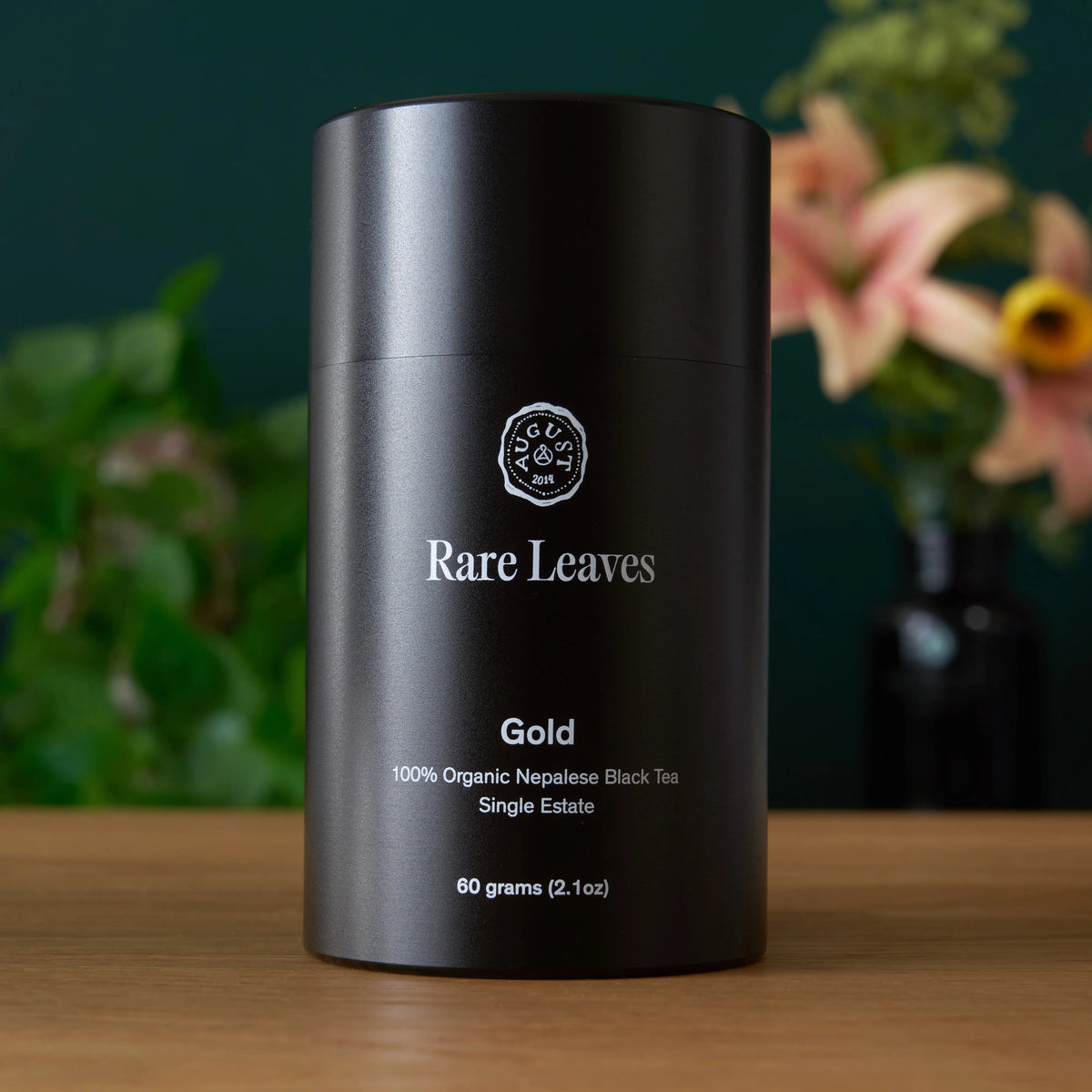 August Rare Leaves Gold organic Nepalese loose leaf black tea in luxury black aluminum tin

