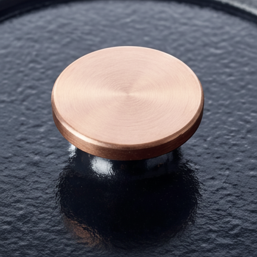 Close-up of the copper-colored lid knob on an Alva enameled cast iron Dutch oven