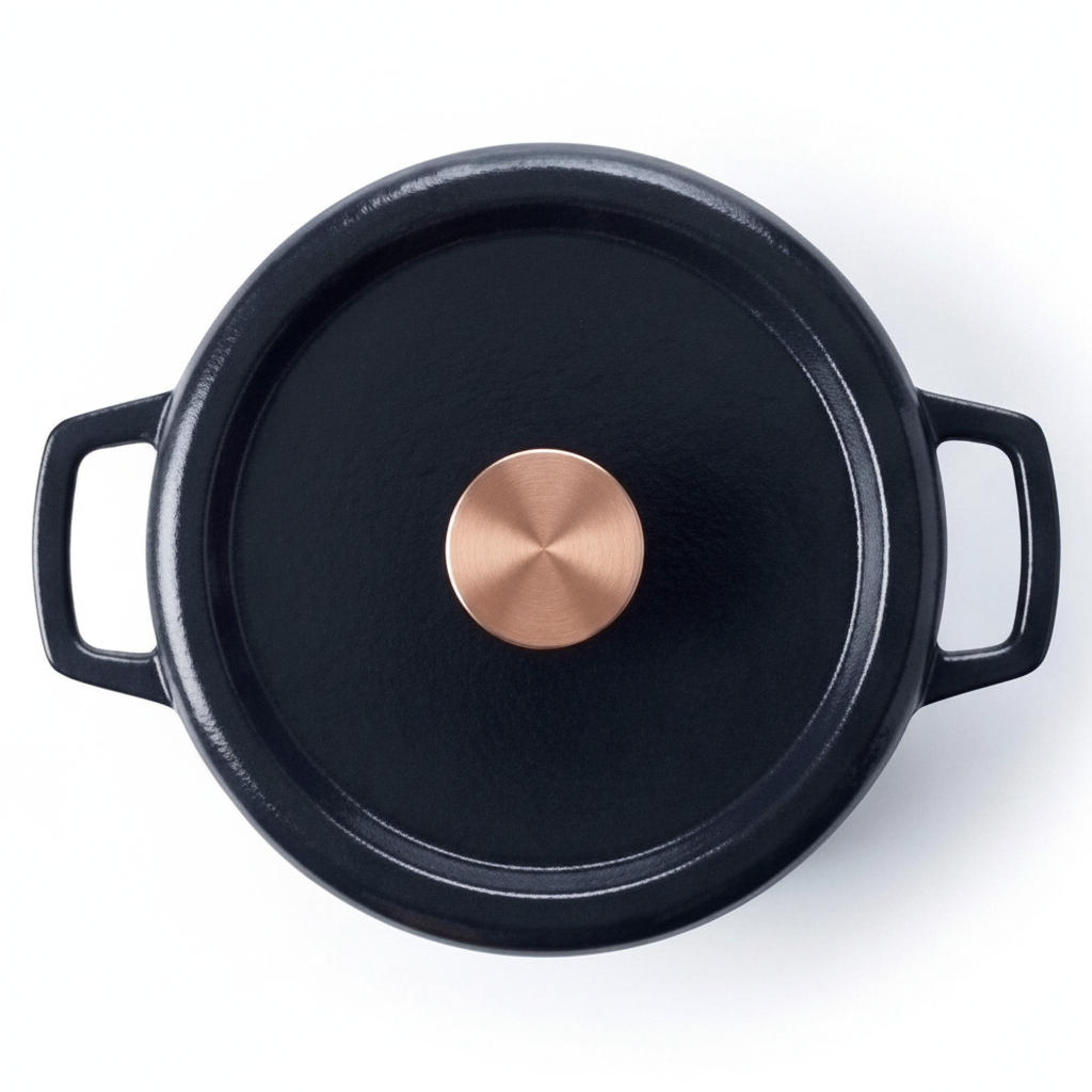 Top-down view of the Alva black enameled cast iron Dutch oven showing its lid and side handles