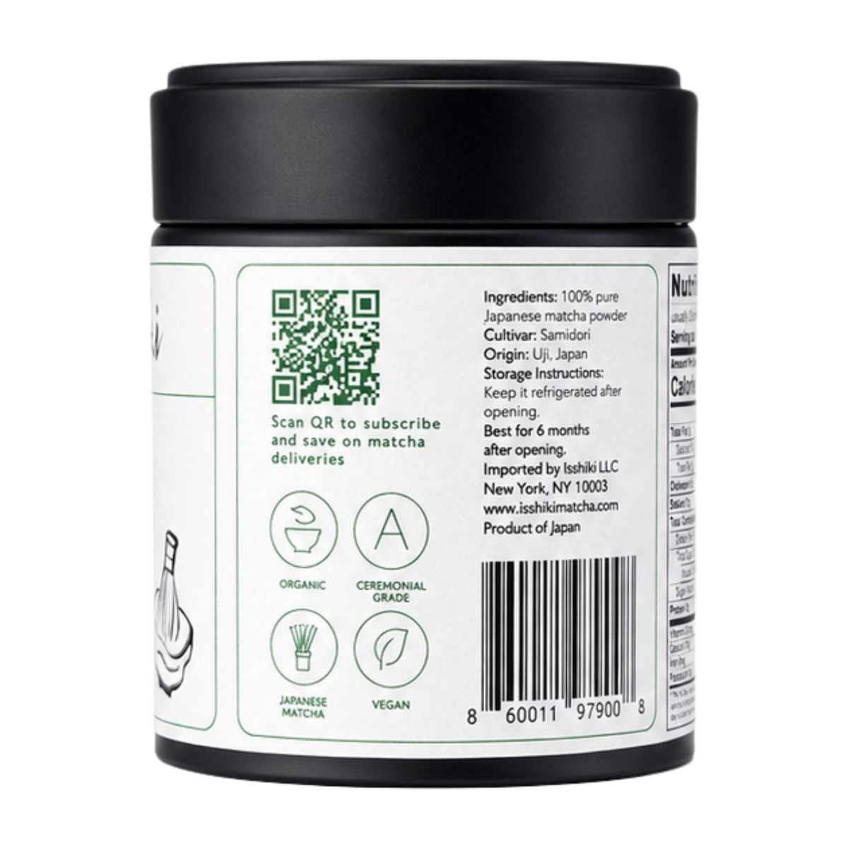 Back of Isshiki Samidori matcha tin showing product information and QR code