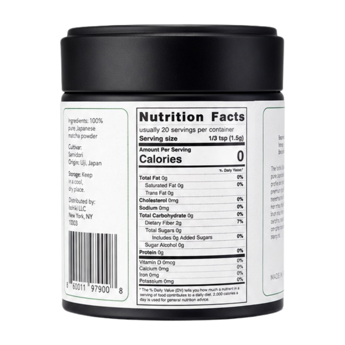 Isshiki Samidori Japanese matcha packaging showing nutrition facts label