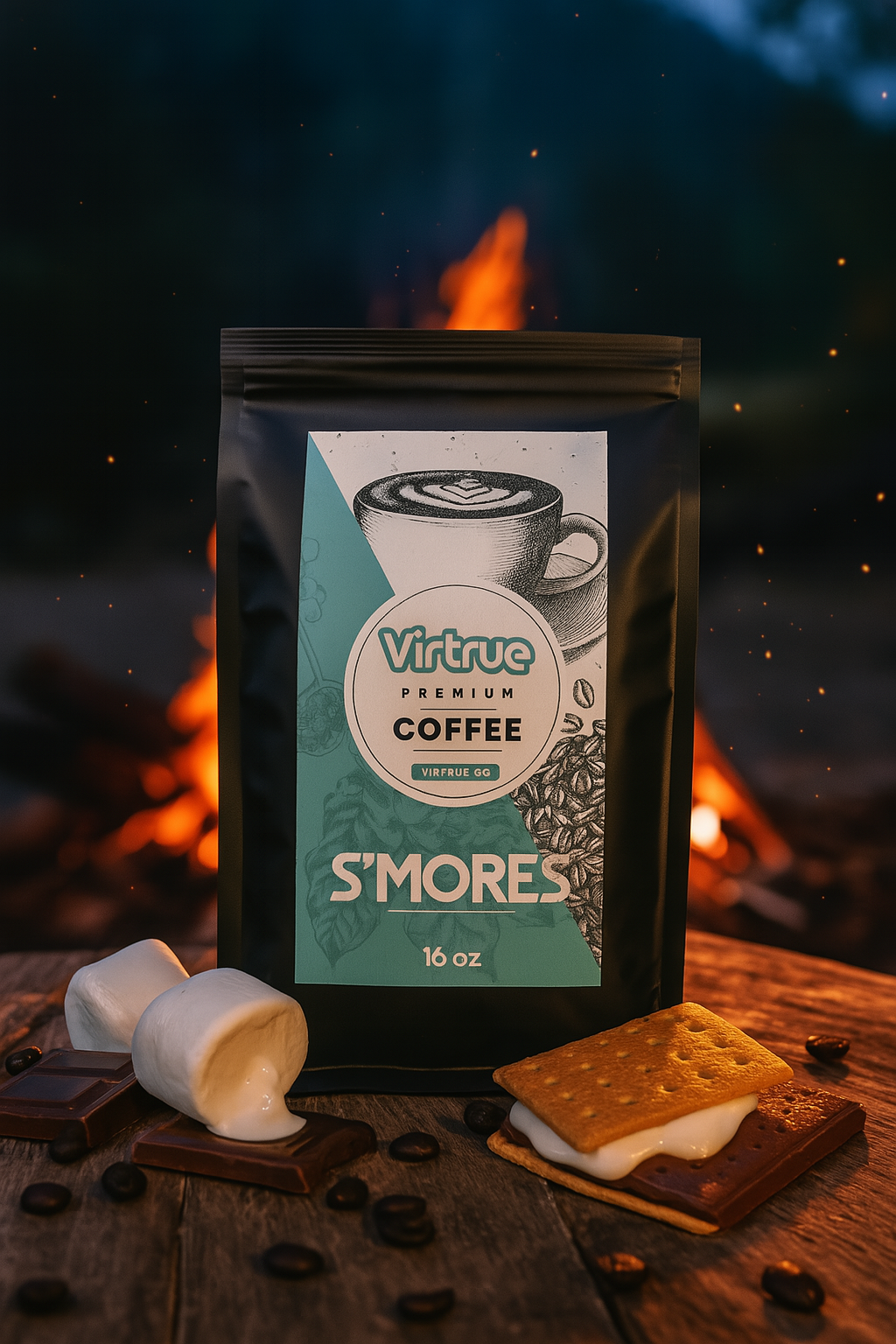 Virtue S'mores coffee package with a campfire background