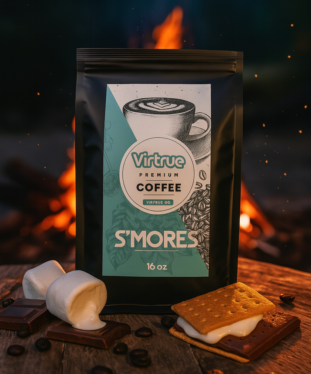 Virtrue S'mores coffee package with s'mores ingredients on a wooden surface with a fire in the background