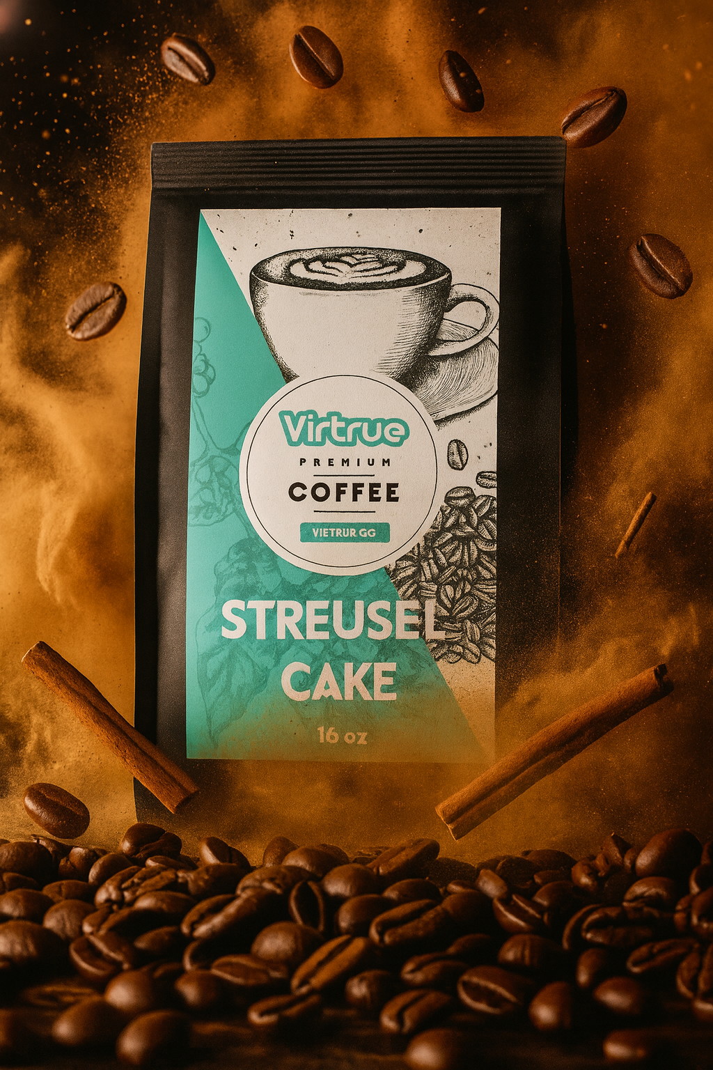 Vitruce Premium Coffee package with 'Streusel Cake' flavor surrounded by coffee beans and a cinnamon stick on a wooden surface.