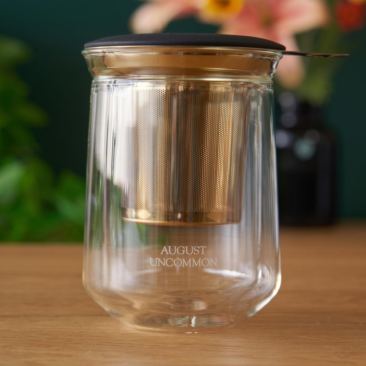 August glass teapot with stainless steel infuser and wooden lid
