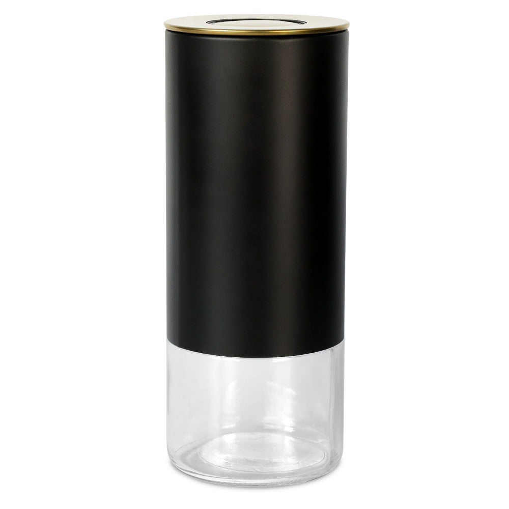 Kaffé 16oz round airtight coffee storage container with black stainless steel exterior and clear glass base