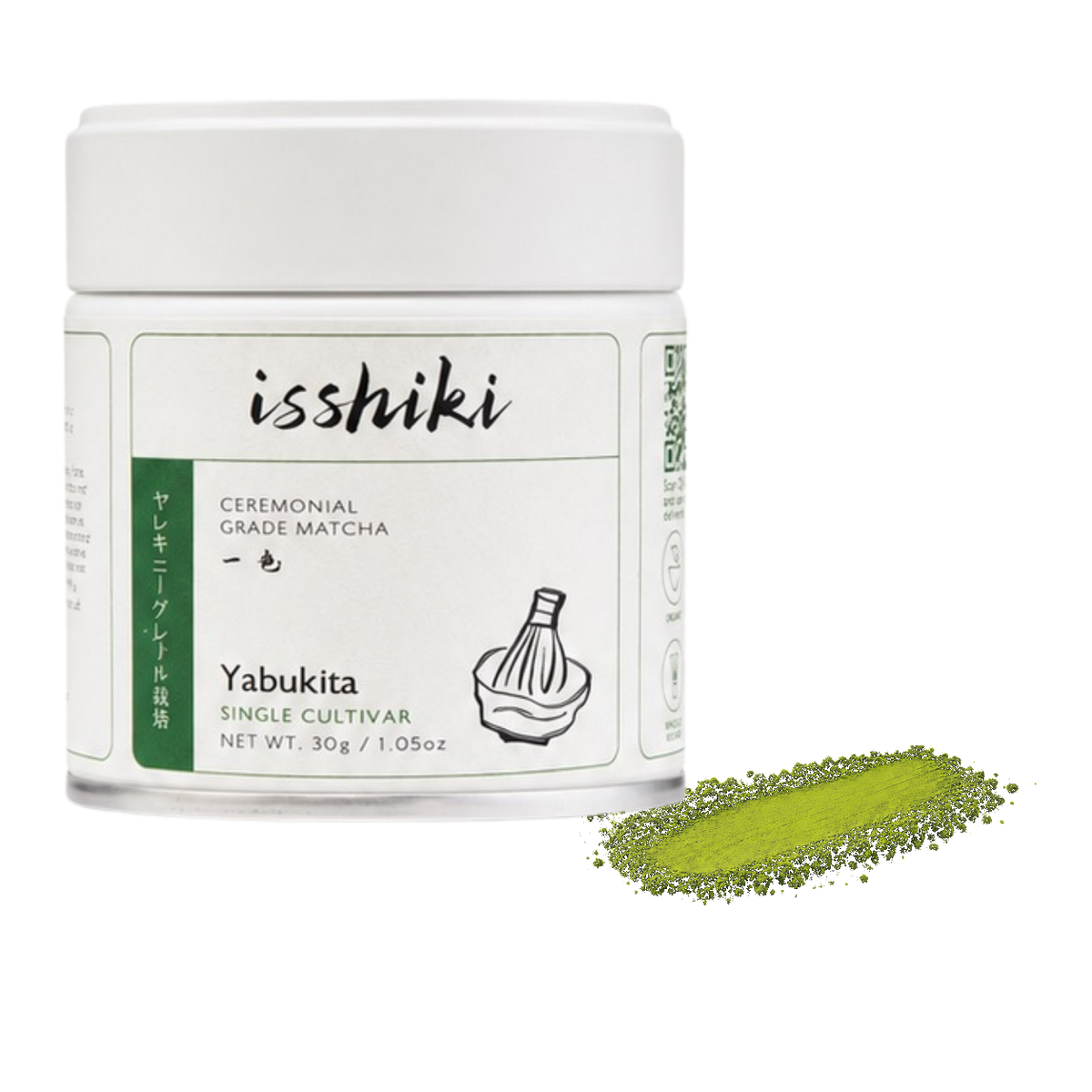 Isshiki Yabukita single cultivar Japanese matcha green tea tin with bright green matcha powder