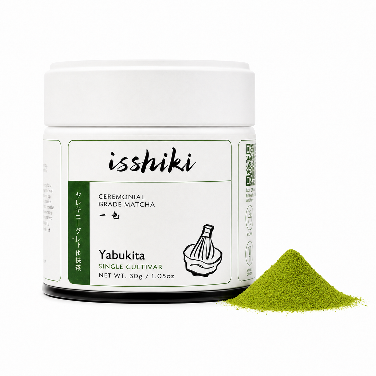 Isshiki Yabukita matcha tin with green tea powder displayed beside the packaging