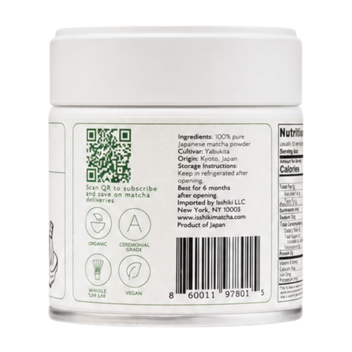 Back of Isshiki Yabukita matcha tin showing product information and barcode